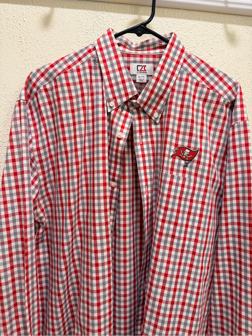 Men's Red & White Plaid Button-Down Shirt with Embroidered Buccaneers Logo